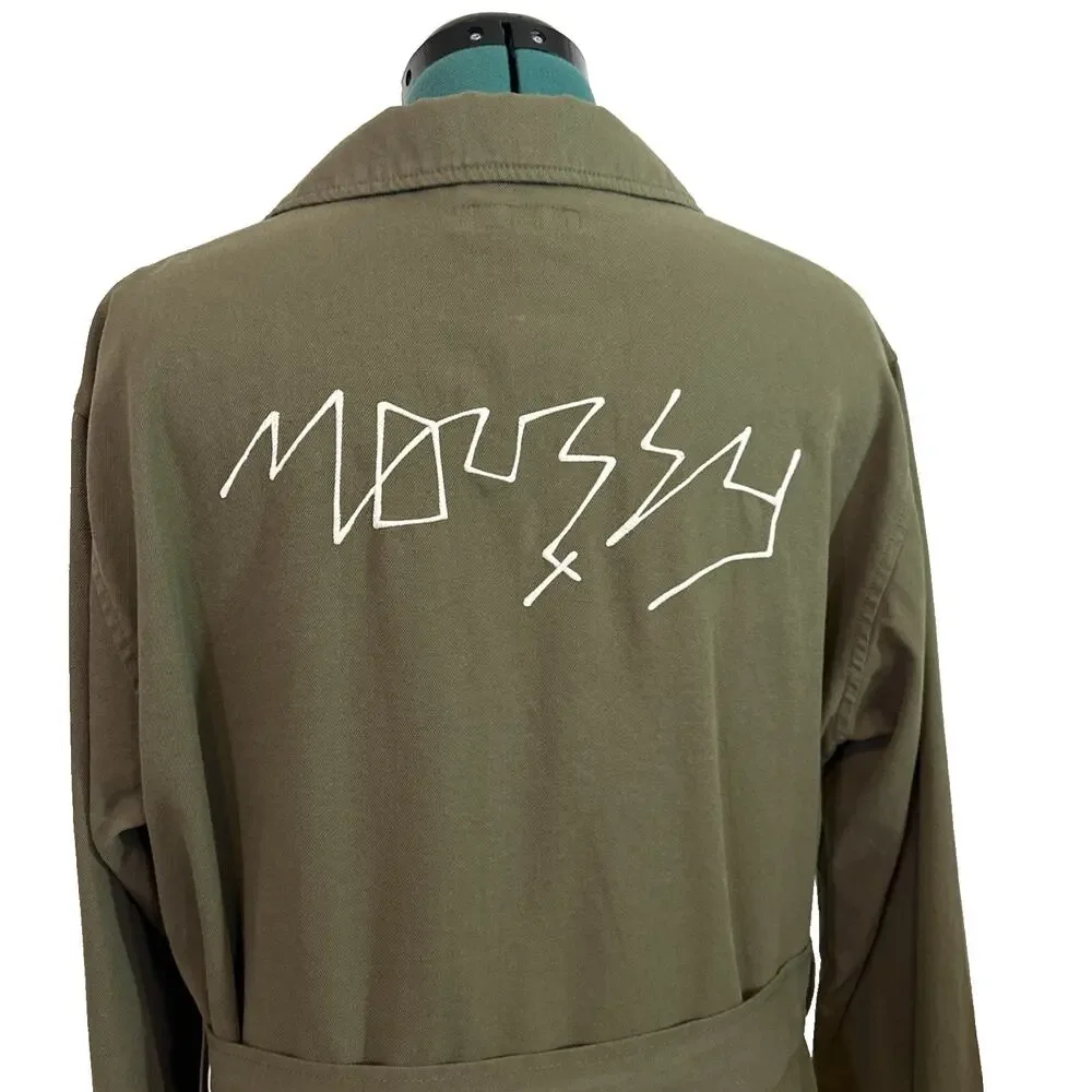 Moussy Olive Green Military Utility Button Front Jacket Logo Belted‎ Size Free